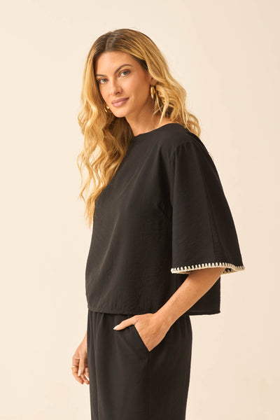 BLUSA MANGA EVASÊ E PONTO CROCHÊ PRETO