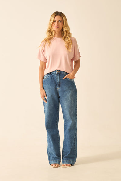 T-SHIRT COM GOLA EM MODAL ROSA QUARTZ