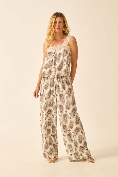 CALÇA RETA COM CORDINHA E PONTEIRA PAISLEY FLORAL OFF