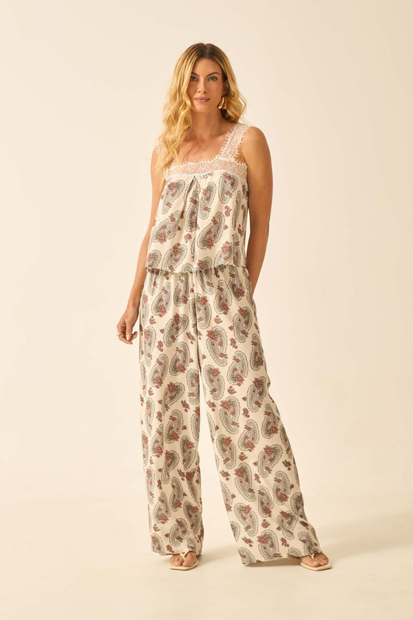 CALÇA RETA COM CORDINHA E PONTEIRA PAISLEY FLORAL OFF
