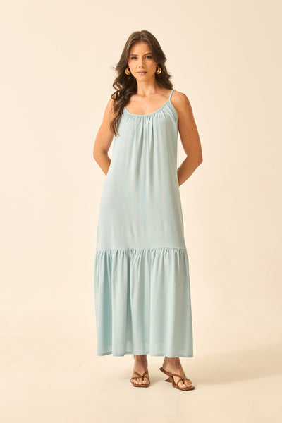 VESTIDO LONGO CROPPED COM BABADO AZUL CÉU