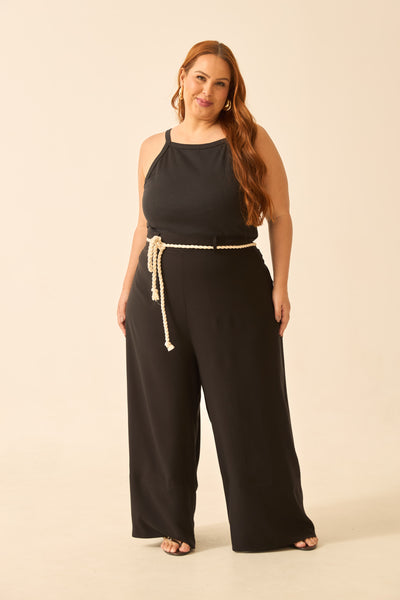 CALÇA RETA COM CADARÇO VISCOSE LISA PRETO