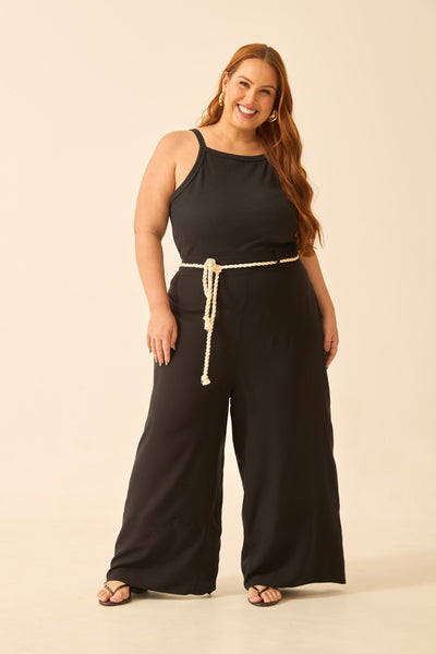CALÇA RETA COM CADARÇO VISCOSE LISA PRETO