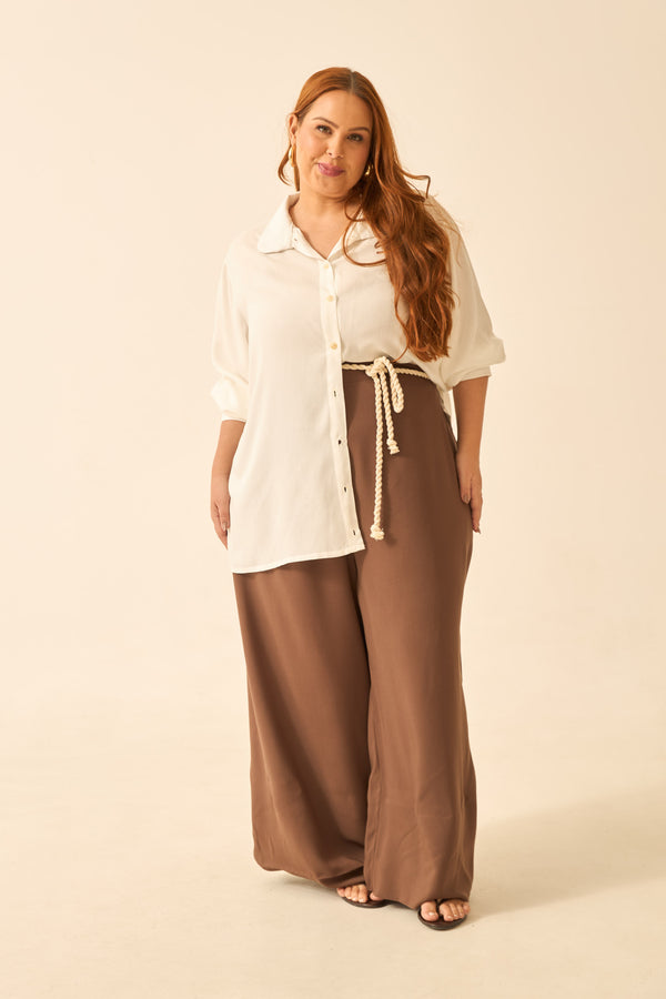 CALÇA RETA COM CADARÇO VISCOSE LISA TRUFA