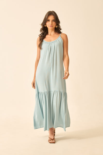 VESTIDO LONGO CROPPED COM BABADO AZUL CÉU