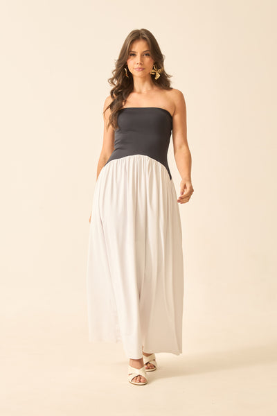 VESTIDO LONGO TOMARA QUE CAIA BICOLOR PRETO COM OFF