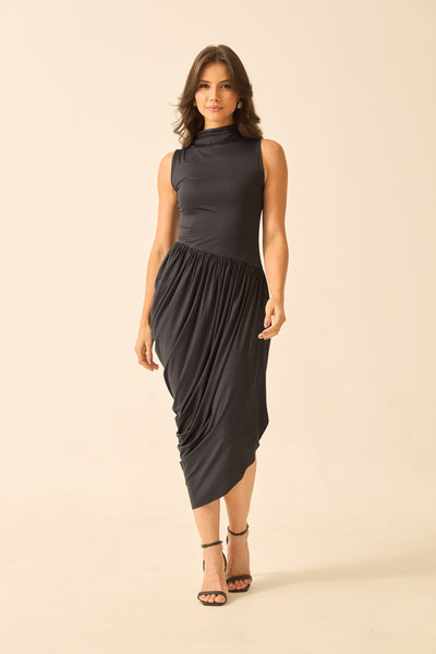 VESTIDO MIDI DRAPEADO EM POLIAMIDA PRETO