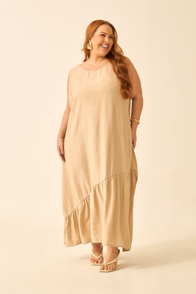 VESTIDO MIDI REGATA COM BABADO ESSENCIAL MARFIM