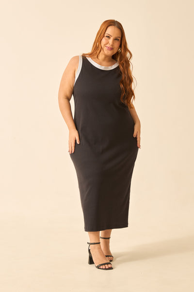 VESTIDO MIDI BICOLOR E PESPONTO PRETO