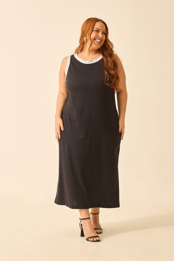 VESTIDO MIDI BICOLOR E PESPONTO PRETO