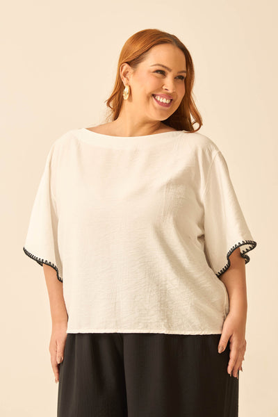 BLUSA COM MANGA EVASÊ E PONTO CROCHÊ OFF-WHITE