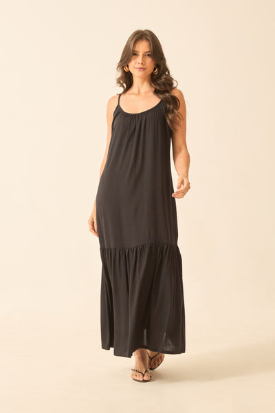 VESTIDO LONGO CROPPED COM BABADO PRETO