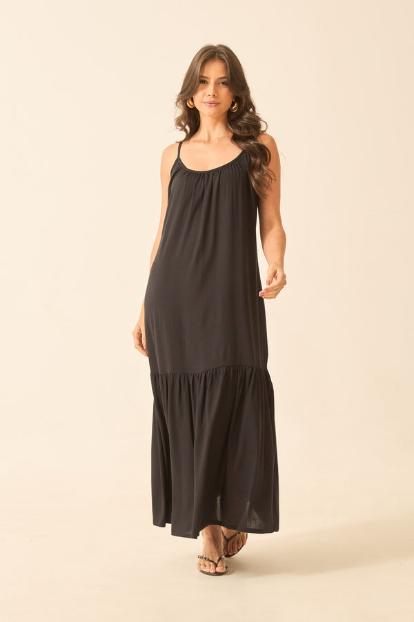 VESTIDO LONGO COM BABADO PRETO