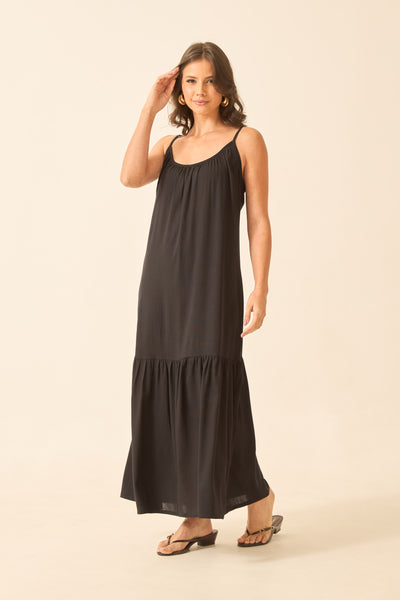 VESTIDO LONGO CROPPED COM BABADO PRETO