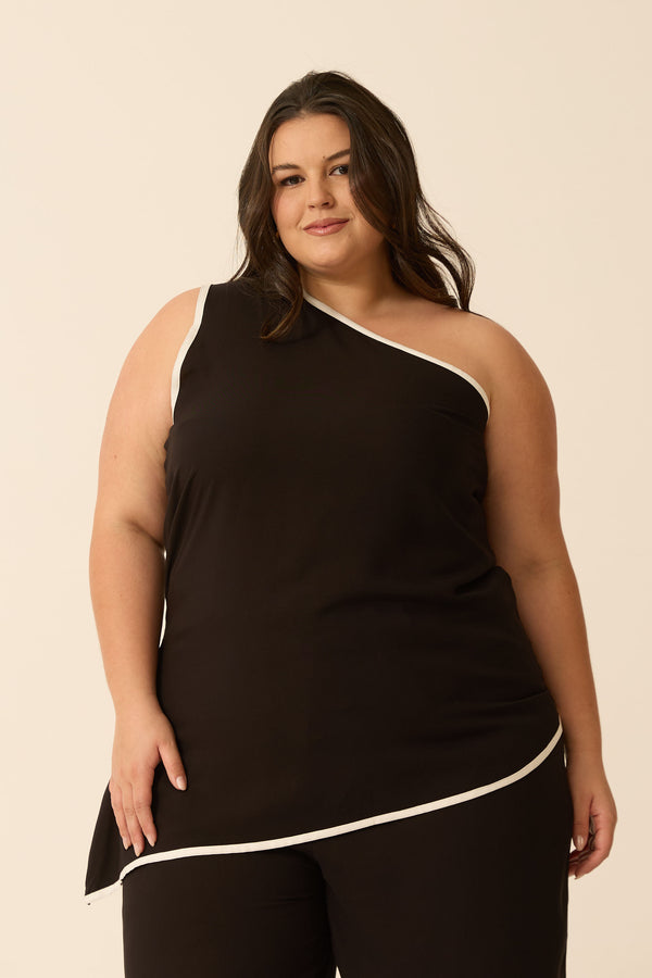 BLUSA UM OMBRO SÓ ASSIMÉTRICA BICOLOR PRETO