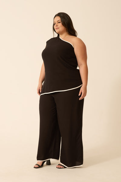 CONJUNTO CALÇA + BLUSA ASSIMÉTRICA BICOLOR TWILL PRETO