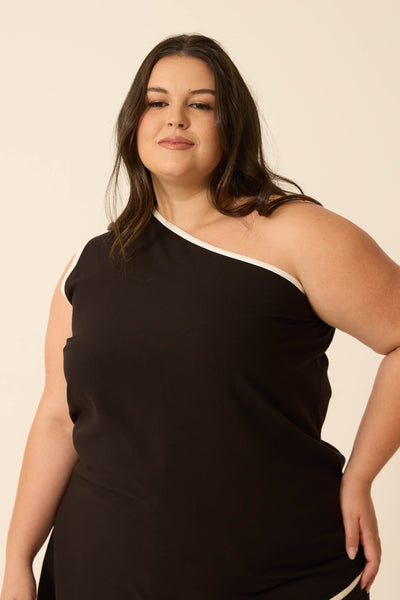 BLUSA UM OMBRO SÓ ASSIMÉTRICA BICOLOR PRETO