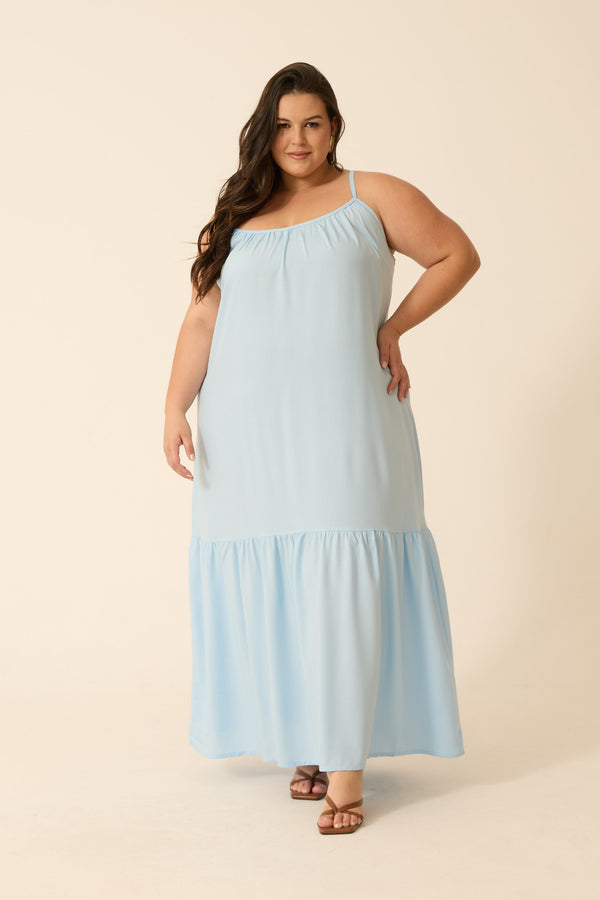 VESTIDO LONGO CROPPED COM BABADO AZUL BRISA
