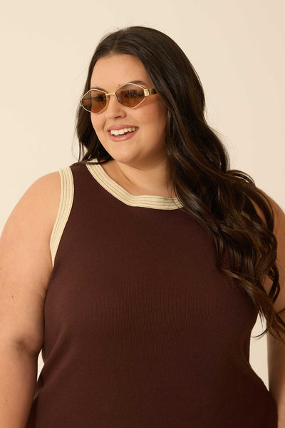 VESTIDO MIDI BICOLOR E PESPONTO MARROM