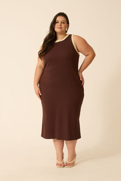 VESTIDO MIDI BICOLOR E PESPONTO MARROM