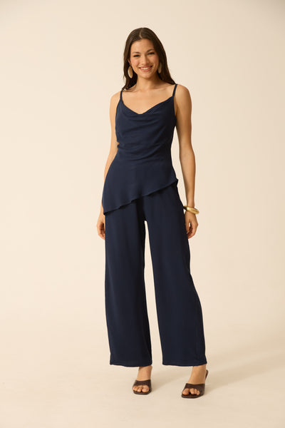 CALÇA RETA COM BOLSO TWILL MARINHO