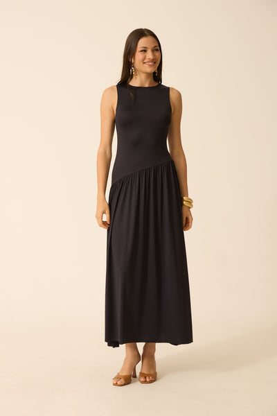 VESTIDO LONGO ASSIMÉTRICO POLIAMIDA PRETO