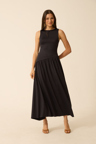 VESTIDO LONGO ASSIMÉTRICO POLIAMIDA PRETO