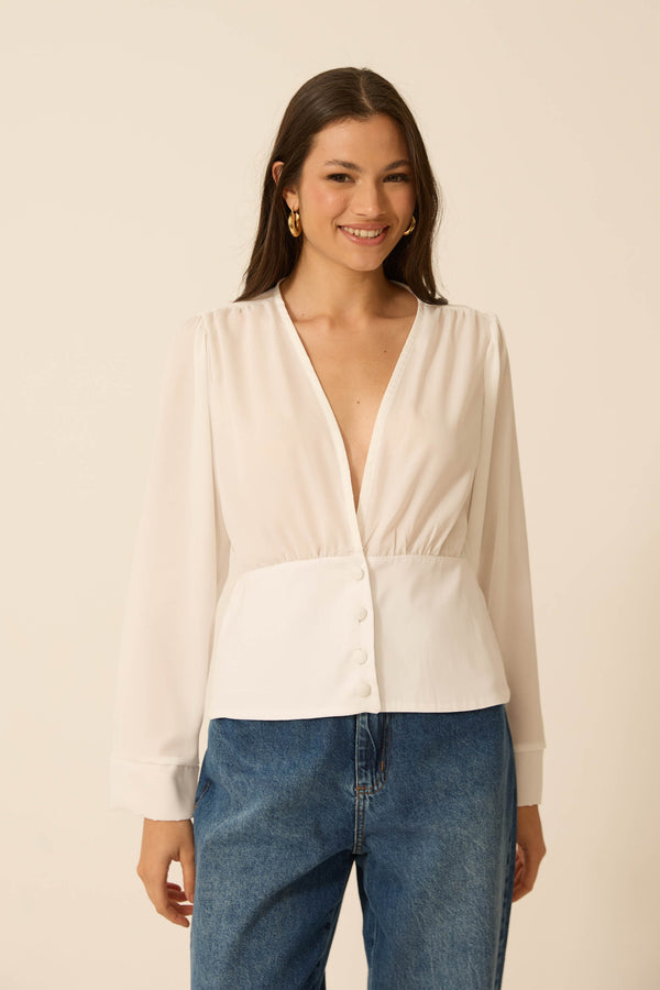BLUSA COM BOTÃO FORRADO CREPE SERAFINA OFF