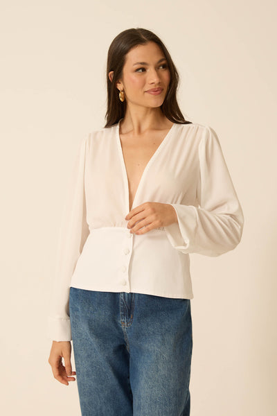 BLUSA COM BOTÃO FORRADO CREPE SERAFINA OFF