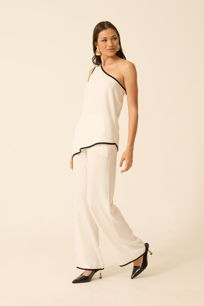 CALÇA RETA COM BOLSO BICOLOR TWILL OFF