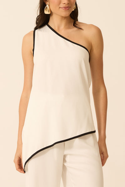 CONJUNTO CALÇA + BLUSA ASSIMÉTRICA BICOLOR TWILL OFF