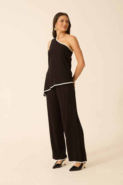 CALÇA RETA COM BOLSO BICOLOR TWILL PRETO