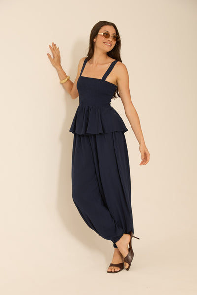 BLUSA PEPLUM COM LASTEX MARINHO