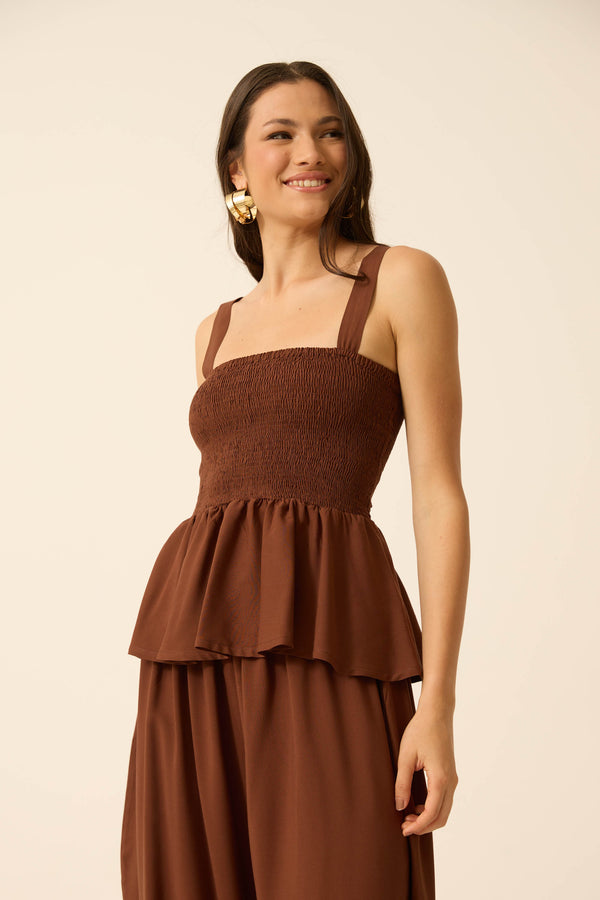 BLUSA PEPLUM COM LASTEX MARROM