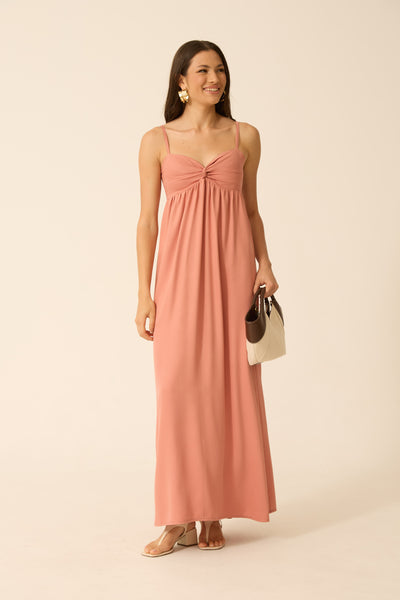 VESTIDO LONGO RETORCIDO NO BUSTO TWILL ROSA CHÁ