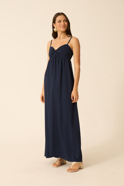 VESTIDO LONGO RETORCIDO NO BUSTO TWILL MARINHO