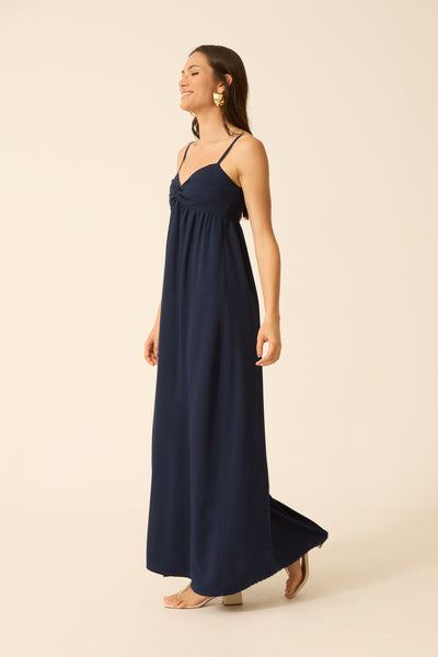 VESTIDO LONGO RETORCIDO NO BUSTO TWILL MARINHO