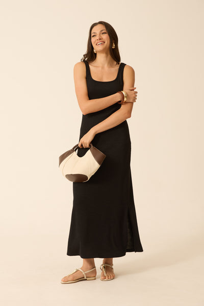 VESTIDO LONGO COM DECOTE U MALHA ONDAS PRETO