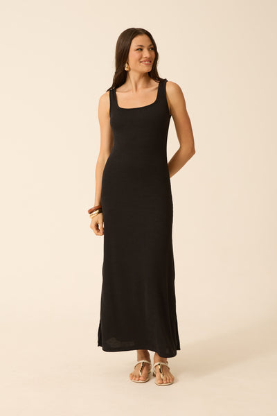 VESTIDO LONGO COM DECOTE U MALHA ONDAS PRETO