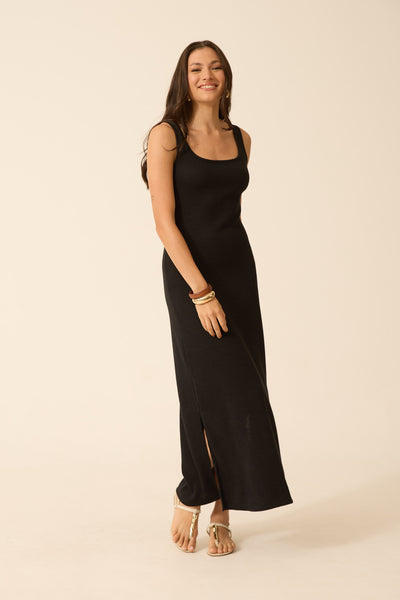 VESTIDO LONGO COM DECOTE U MALHA ONDAS PRETO