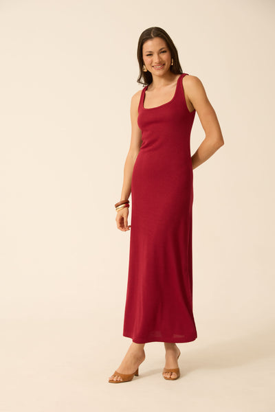 VESTIDO LONGO COM DECOTE U MALHA ONDAS VINHO