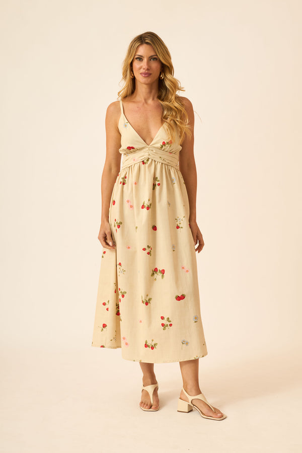 VESTIDO MIDI DECOTE V CAMPO DE MORANGOS ALGODÃO