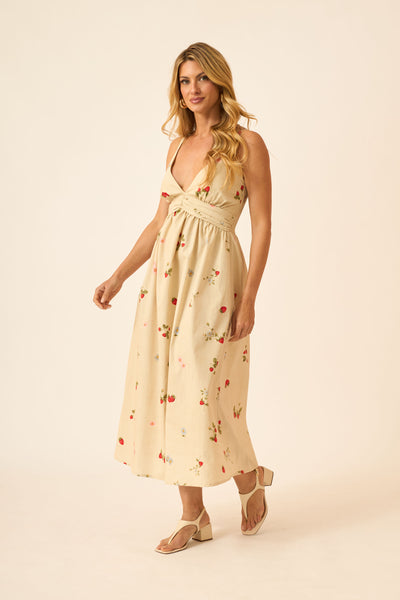 VESTIDO MIDI DECOTE V CAMPO DE MORANGOS ALGODÃO