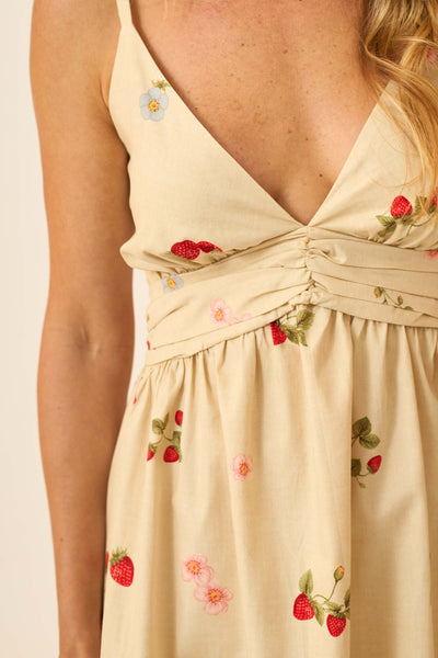 VESTIDO MIDI DECOTE V CAMPO DE MORANGOS ALGODÃO