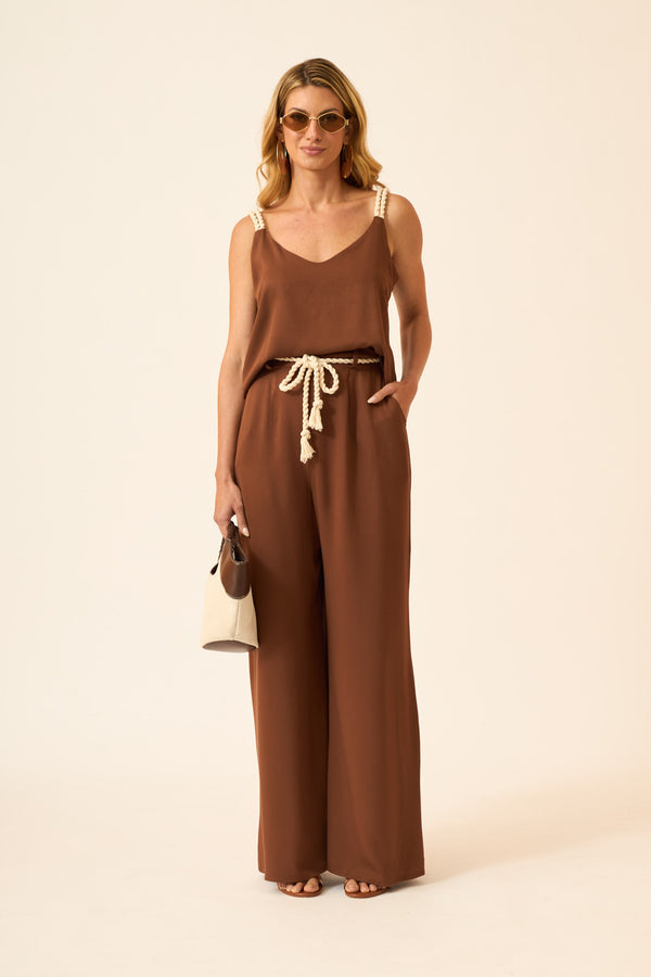 CALÇA PANTALONA COM BOLSO TWILL MARROM TRUFA