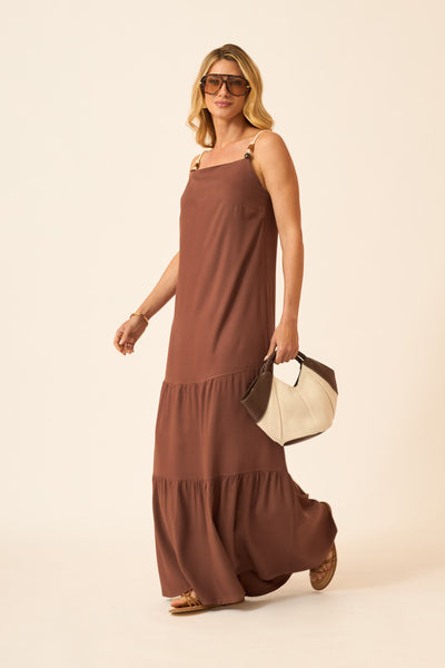 VESTIDO LONGO COM ALÇA DE CORDA TWILL CAPPUCCINO