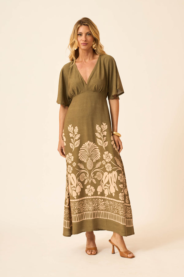VESTIDO LONGO MANGA MORCEGO VISCOLINHO JARDIM REAL
