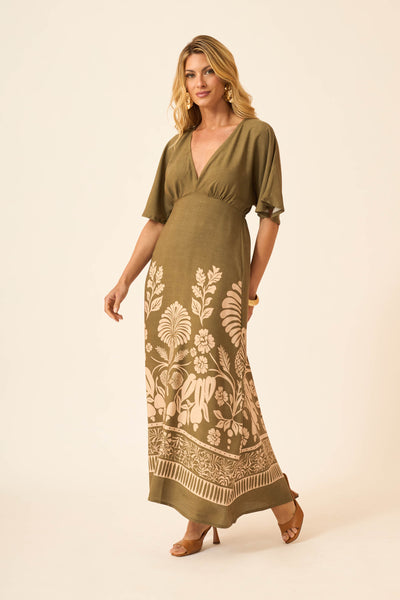 VESTIDO LONGO MANGA MORCEGO VISCOLINHO JARDIM REAL