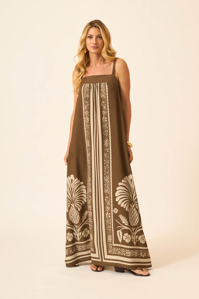 VESTIDO LONGO COM RECORTE VISCOLINHO LENÇO BOTÂNICO