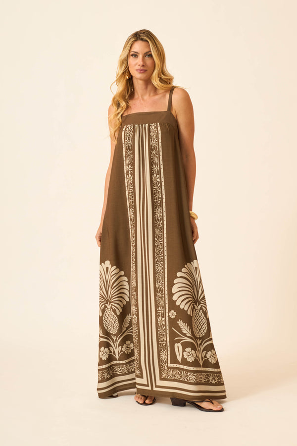 VESTIDO LONGO COM RECORTE VISCOLINHO LENÇO BOTÂNICO
